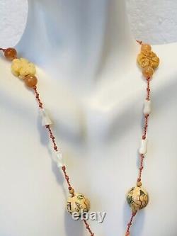 Vintage Belle Costes Asian Hand Carved Coral Beaded Mother Of Pearl Necklace 20