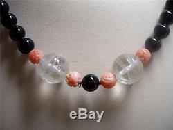 Vintage Black Onyx Carved Rock Crystal & Genuine Coral Bead Necklace 30