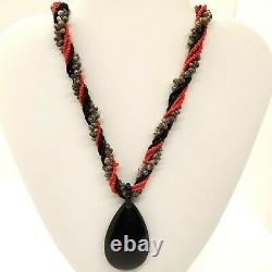 Vintage Black Red Natural Genuine coral shell onyx pendant 6 strand 20in