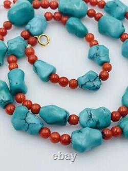 Vintage Blue Turquoise & Red Coral Beaded Necklace
