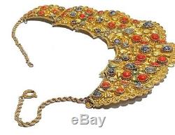 Vintage Brass Coral Beaded Repousse Egyptian Revival Artisan Necklace 72 Grams