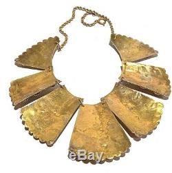 Vintage Brass Coral Beaded Repousse Egyptian Revival Artisan Necklace 72 Grams