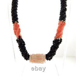 Vintage Carved Angel Skin Coral Pendant Bead Multistrand Necklace Choker