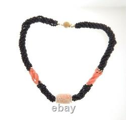 Vintage Carved Angel Skin Coral Pendant Bead Multistrand Necklace Choker