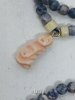 Vintage Carved Angel Skin Coral Seahorse & Blue Sodalite Beaded Necklace
