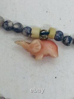 Vintage Carved Angel Skin Coral Seahorse & Blue Sodalite Beaded Necklace