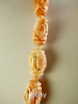 Vintage Carved Angel Skin Coral Shou Dragon Barrel Bead Necklace