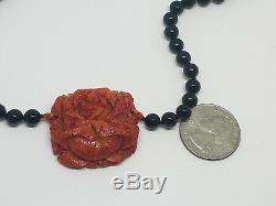 Vintage Carved Sponge Coral Rose Black Onyx Bead 14k Gold Clasp Necklace