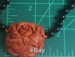 Vintage Carved Sponge Coral Rose Black Onyx Bead 14k Gold Clasp Necklace