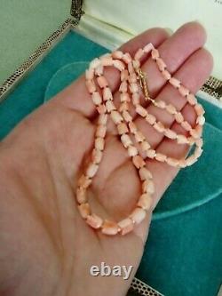 Vintage Carved Tulips Angel Skin Coral Beads Necklace 14ct Gold Clasp