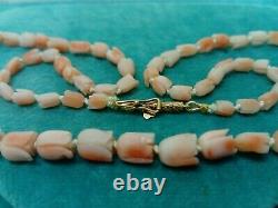 Vintage Carved Tulips Angel Skin Coral Beads Necklace 14ct Gold Safety Clasp