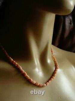 Vintage Carved Tulips Angel Skin Coral Beads Necklace 14ct Gold Safety Clasp