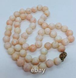 Vintage Chinese Angel Skin Coral 14k Yellow Gold Clasp Beaded Necklace