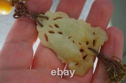 Vintage Chinese Carved Jade Double Fish Amulet Coral Coconut Wood Bead Necklace