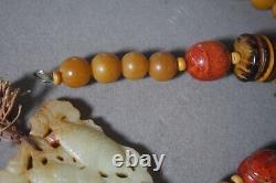 Vintage Chinese Carved Jade Double Fish Amulet Coral Coconut Wood Bead Necklace