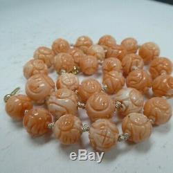 Vintage Chinese Carved Natural Coral Beads Necklace 58 Grams 10 MM To 13 MM 18