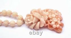 Vintage Chinese Coral Carved Rose Pendant & Bead Necklace Silver Clip Marked