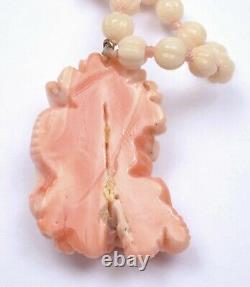 Vintage Chinese Coral Carved Rose Pendant & Bead Necklace Silver Clip Marked