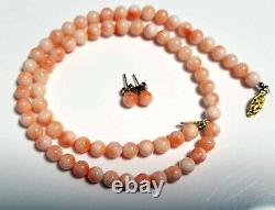 Vintage Chinese Genuine Pink Coral Round Bead Necklace & Earrings G+G