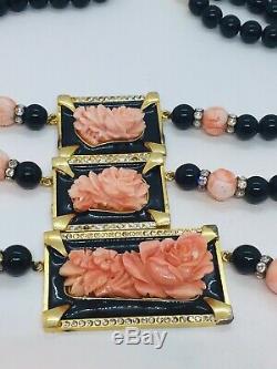 Vintage Chinese Hand Made Carved Angel Coral Flower Black Beaded Large Necklace