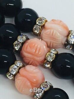 Vintage Chinese Hand Made Carved Angel Coral Flower Black Beaded Large Necklace