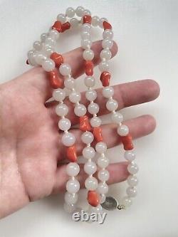 Vintage Chinese Hetian Pure White Jade & Orange Salmon Coral Nuggets Necklace