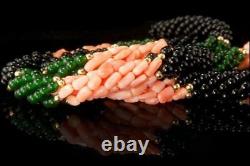 Vintage Chinese Multistrand Pink Coral Onyx Beads Necklaces D104-03