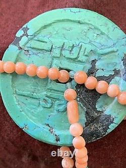 Vintage Chinese Necklace-Carved Turquoise, Coral Beads with Pearls and plain cor