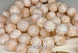 Vintage Chinese Shou Carved Angel Skin Coral Bead Necklace 24 14k Clasp Knotted