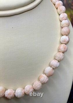 Vintage Chinese Shou Carved Angel Skin Coral Bead Necklace 24 14k Clasp Knotted