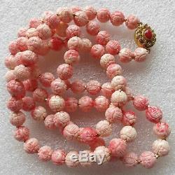 Vintage Chinese Shou Carved Shell Beads Coral Color Sterling Necklace 33