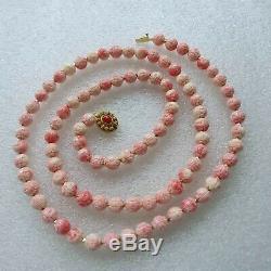 Vintage Chinese Shou Carved Shell Beads Coral Color Sterling Necklace 33