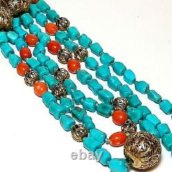 Vintage Chinese Turquoise Bead Necklace Multi Strand Coral Silver Filigree ATQ