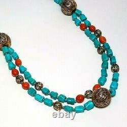 Vintage Chinese Turquoise Bead Necklace Multi Strand Coral Silver Filigree ATQ