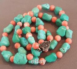Vintage Chinese Turquoise Nugget & Coral Beaded Necklace