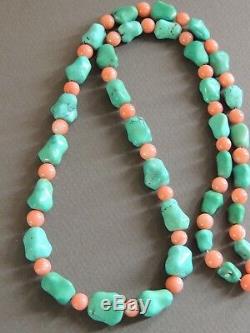 Vintage Chinese Turquoise Nugget & Coral Beaded Necklace