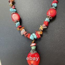 Vintage Chunky Real Coral Turquoise Tiger Eye Sterling Silver Pendant Necklace