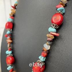 Vintage Chunky Real Coral Turquoise Tiger Eye Sterling Silver Pendant Necklace