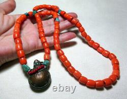 Vintage Coper Coin snuff Bottle Glass Faux Coral Beads Necklace Turquoise