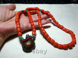 Vintage Coper Coin snuff Bottle Glass Faux Coral Beads Necklace Turquoise