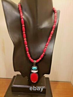 Vintage Coral Beaded Necklace with Large Coral Abalone Turquoise 925 Pendant