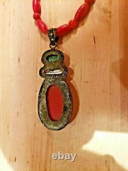 Vintage Coral Beaded Necklace with Large Coral Abalone Turquoise 925 Pendant
