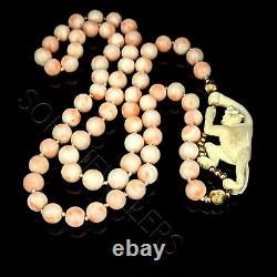 Vintage Coral Carved Monkey Angelskin Coral 14k Gold Bead Necklace Retro 36Long
