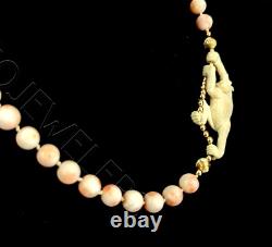 Vintage Coral Carved Monkey Angelskin Coral 14k Gold Bead Necklace Retro 36Long