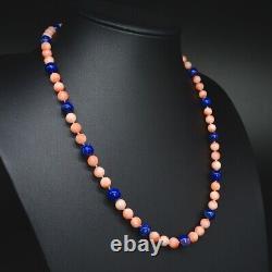 Vintage Coral & Lapis Lazuli Necklace 9CT Yellow Gold Clasp 20 Inch Long