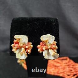 Vintage Coral Layered Necklace Shell Brooch Earring Set Modernist Ethnic 22