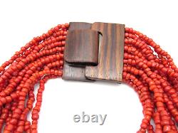 Vintage Coral Multi Strand Beaded Necklace Chunky Carved Wooden Clasp