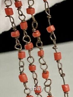 Vintage Coral Natural Beaded Necklace With Cherry Red Glass & Gold Beads Pendant