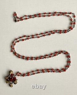 Vintage Coral Natural Beaded Necklace With Cherry Red Glass & Gold Beads Pendant