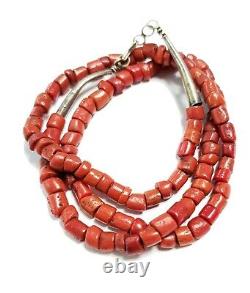Vintage Coral Necklace Navajo Sterling Red Coral Bead Necklace 21.5 Long
